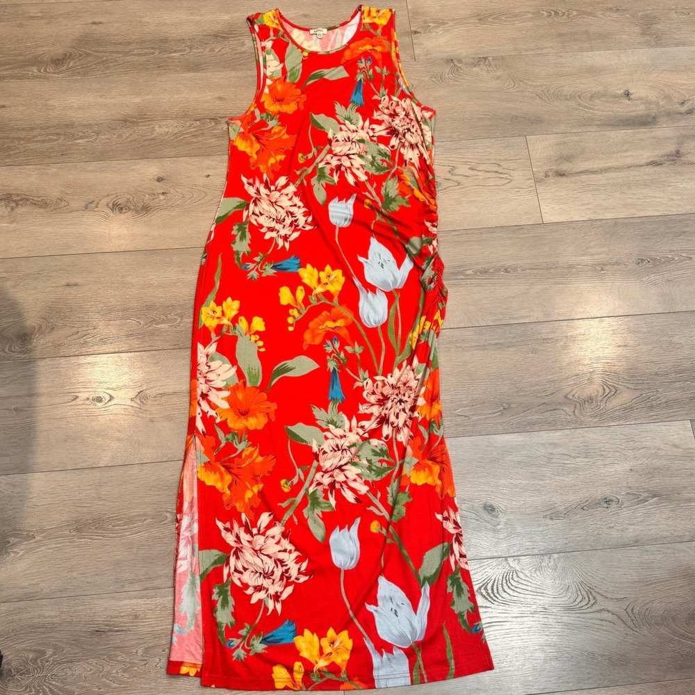 Buffalo David Bitton Red Floral Maxi Dress Sleeveless‎ Ruched Side Slits Large L